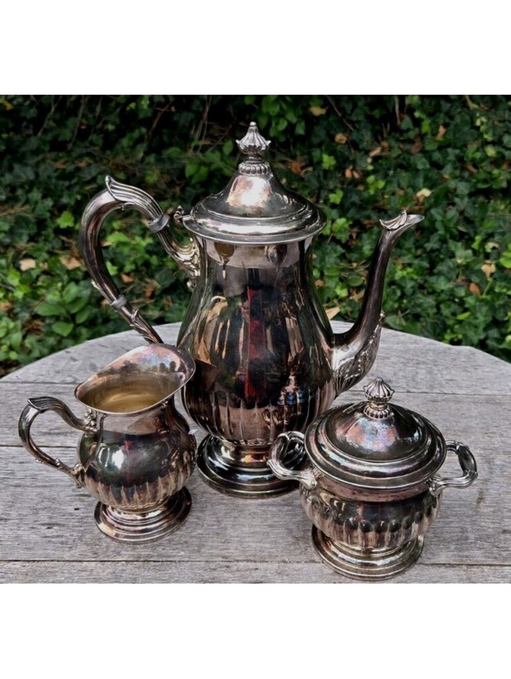 Newport Silverplate YB601 Tea Set Silvertone Trio. Teapot Creamer Sugar Bowl